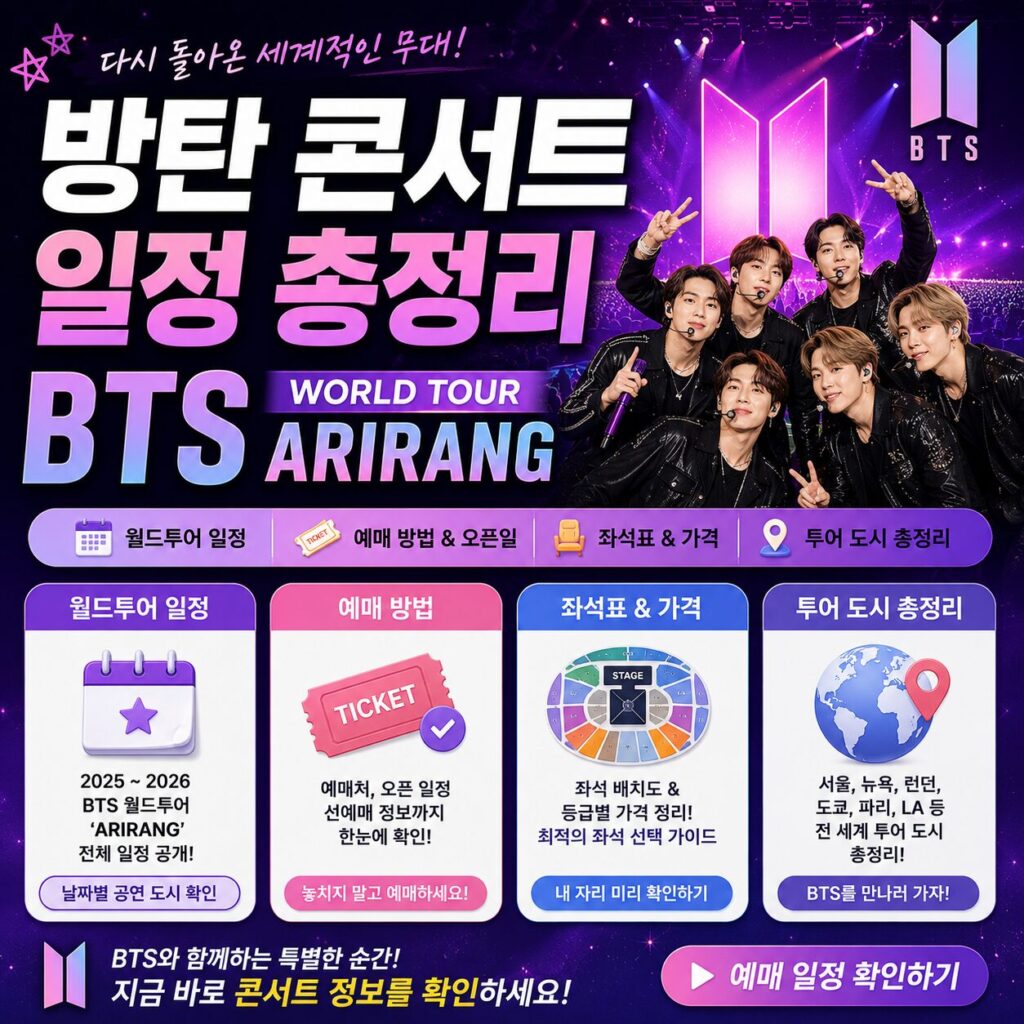 방탄 콘서트 일정 총정리 BTS 월드투어 ARIRANG 예매 일정표 좌석표 한눈에