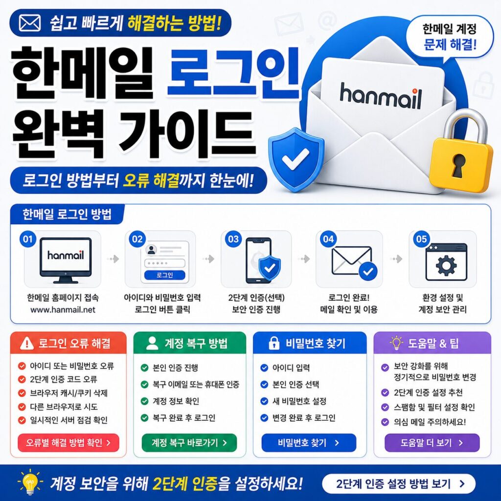 한메일 로그인 방법 로그인 오류 계정 복구 비밀번호 찾기 안내 가이드