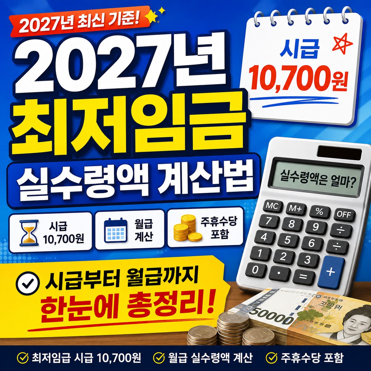 2027년 최저임금 실수령액 계산법 시급 10,700원 월급 주휴수당 총정리