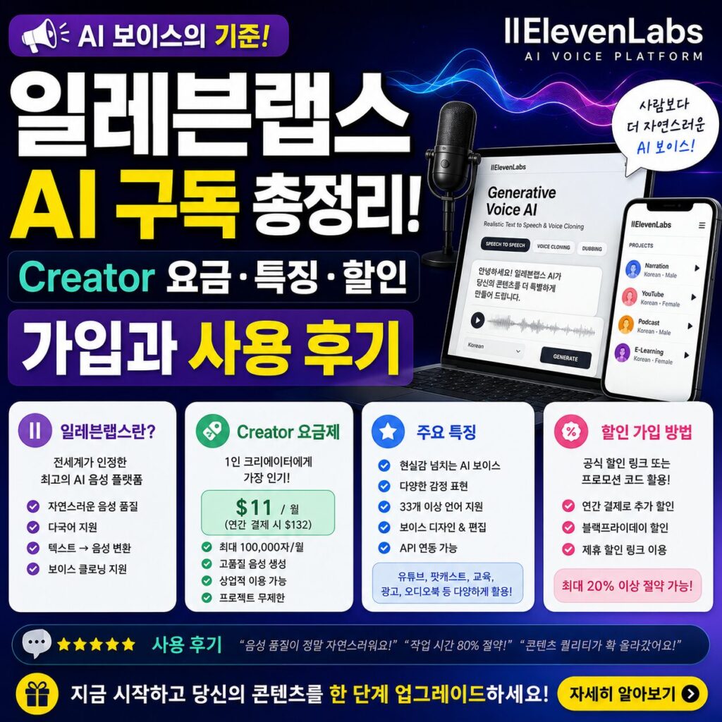 일레븐랩스 AI 구독 총정리 Creator 요금 특징 할인 가입과 사용 후기