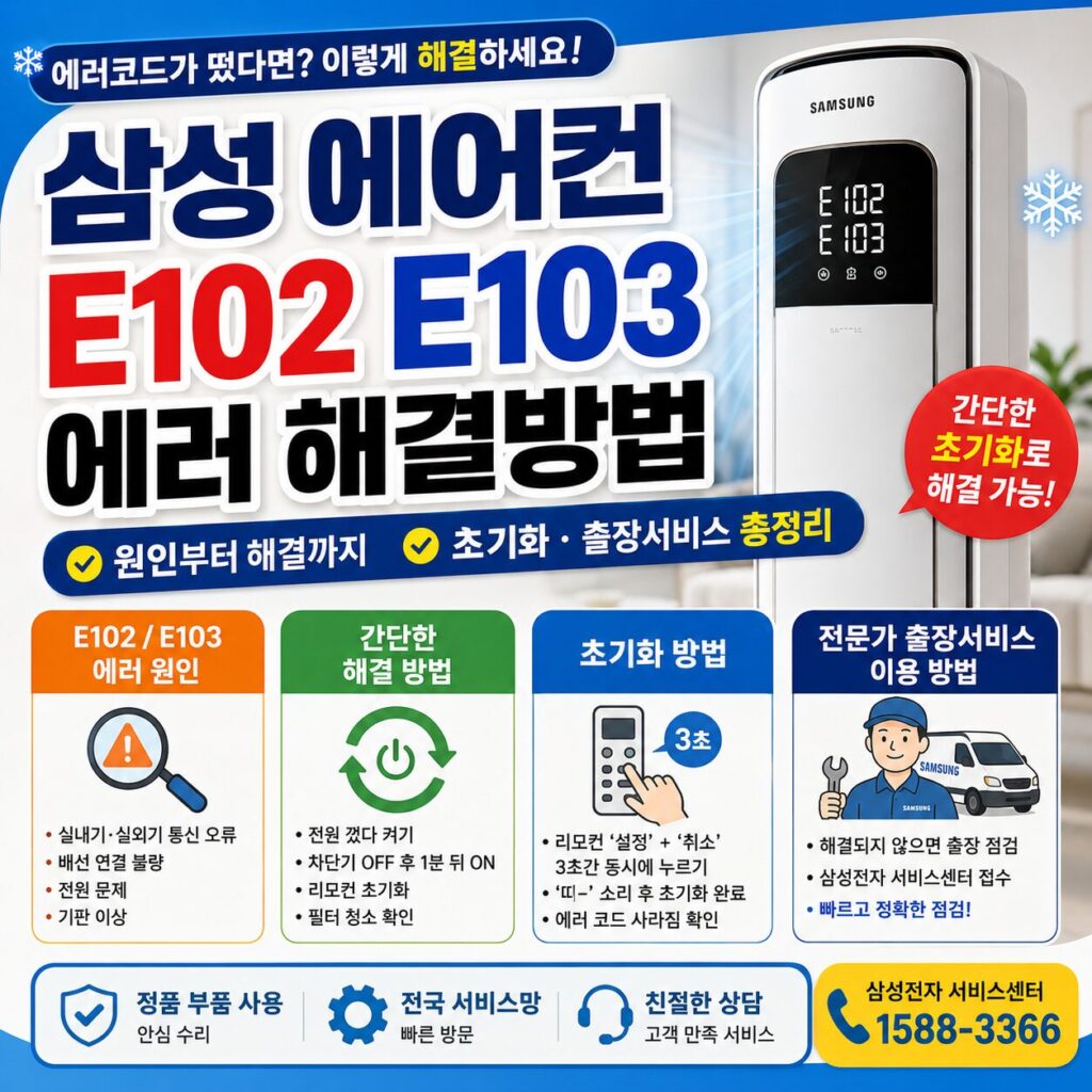 삼성 에어컨 E102 E103 에러 해결방법 원인 초기화 출장서비스 총정리