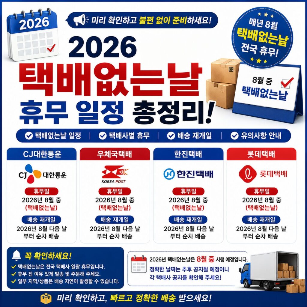 2026 택배없는날 휴무 일정 총정리 CJ대한통운 우체국 한진 롯데 배송 재개일